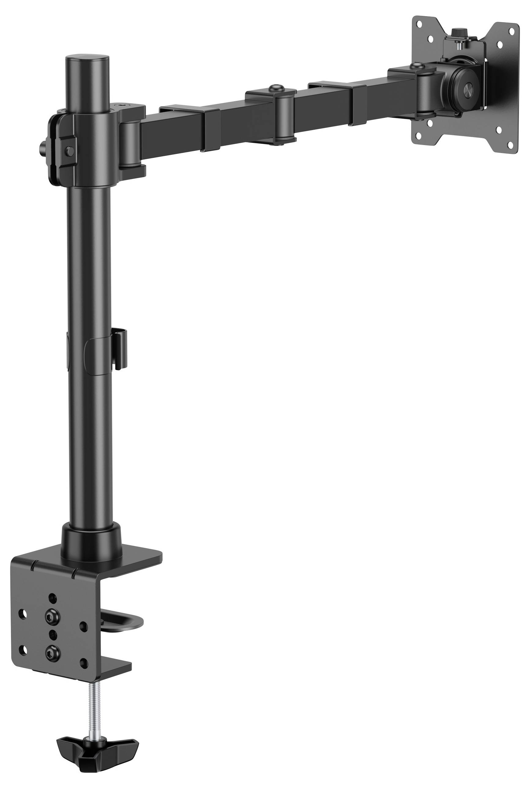Höhenverstellbare Monitorhalterung aus Metall, zur Tischmontage. Unterstützt flexible Ausrichtung und sorgt für ergonomisches Arbeiten.