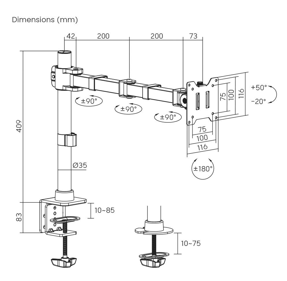 Technische Zeichnung eines Monitorarms mit Maßen in Millimetern, verstellbarem Neigungswinkel von ±50° und drehbarem Bereich von ±90°.