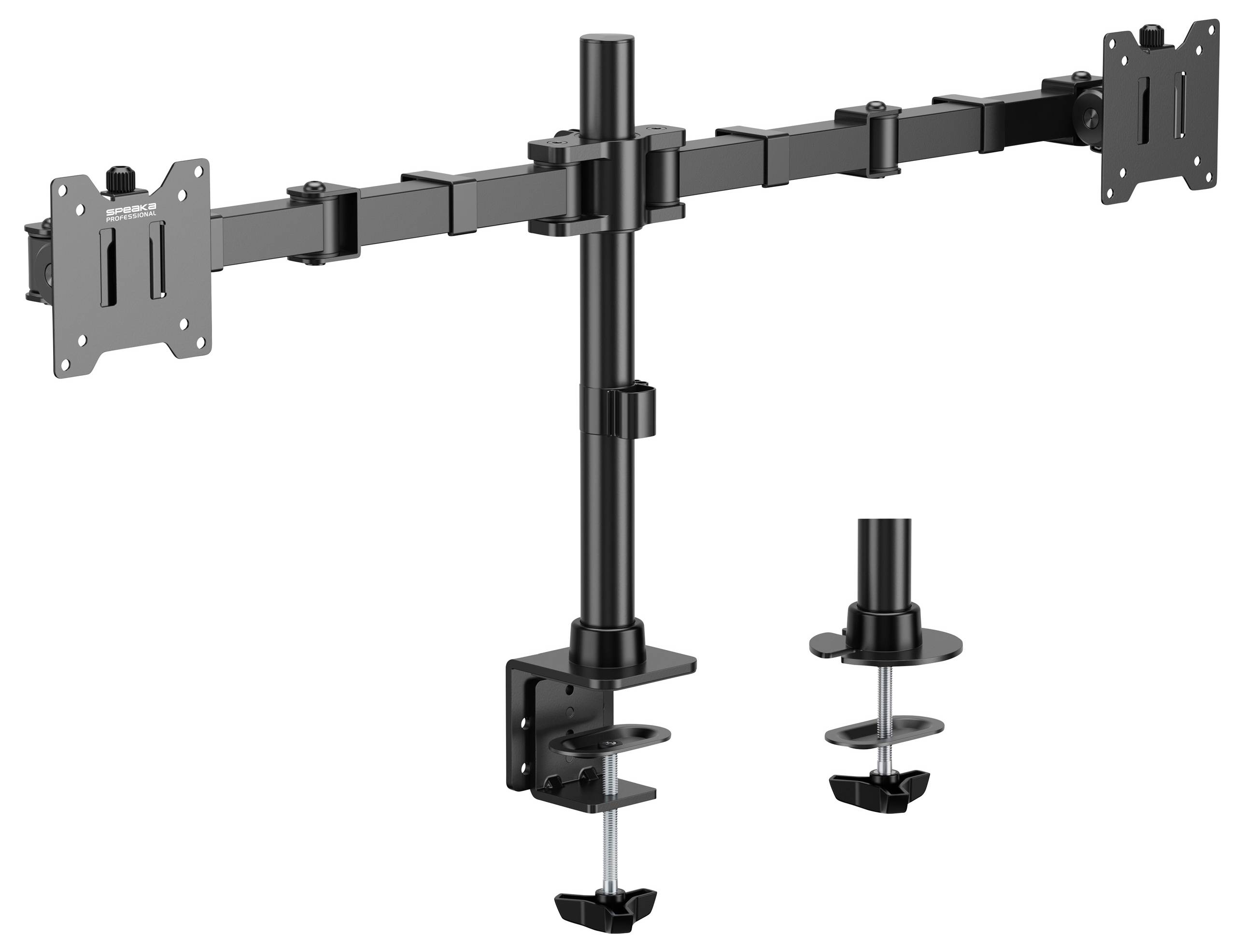 Monitorhalterung für zwei Bildschirme, höhenverstellbar und neigbar. Befestigung an einem Schreibtisch mittels Klemmen.