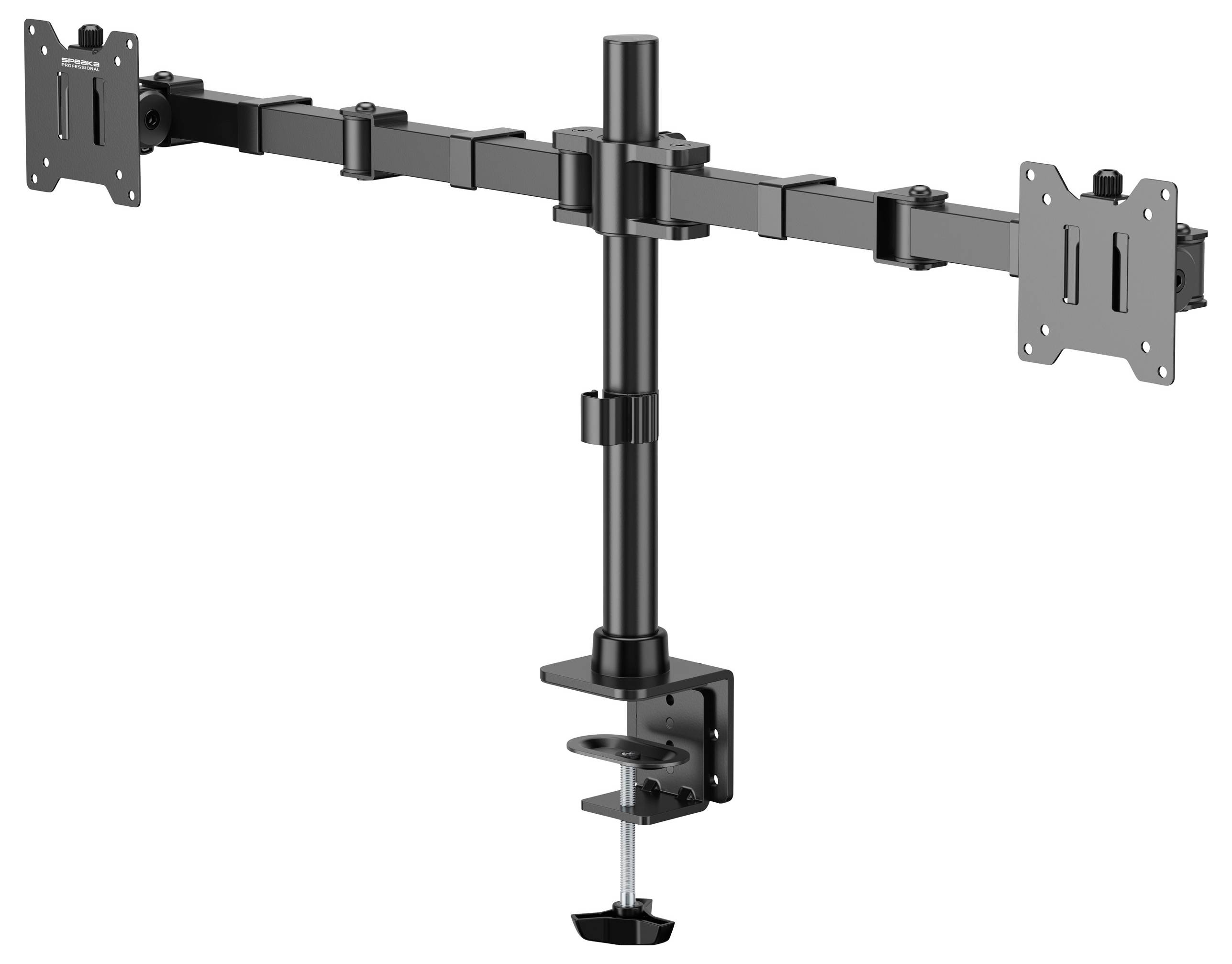 Ein schwarzer Dual-Monitorhalter zur Schreibtischmontage. Verstellbare Arme für zwei Monitore. Schraubklemme zur Befestigung am Tisch.