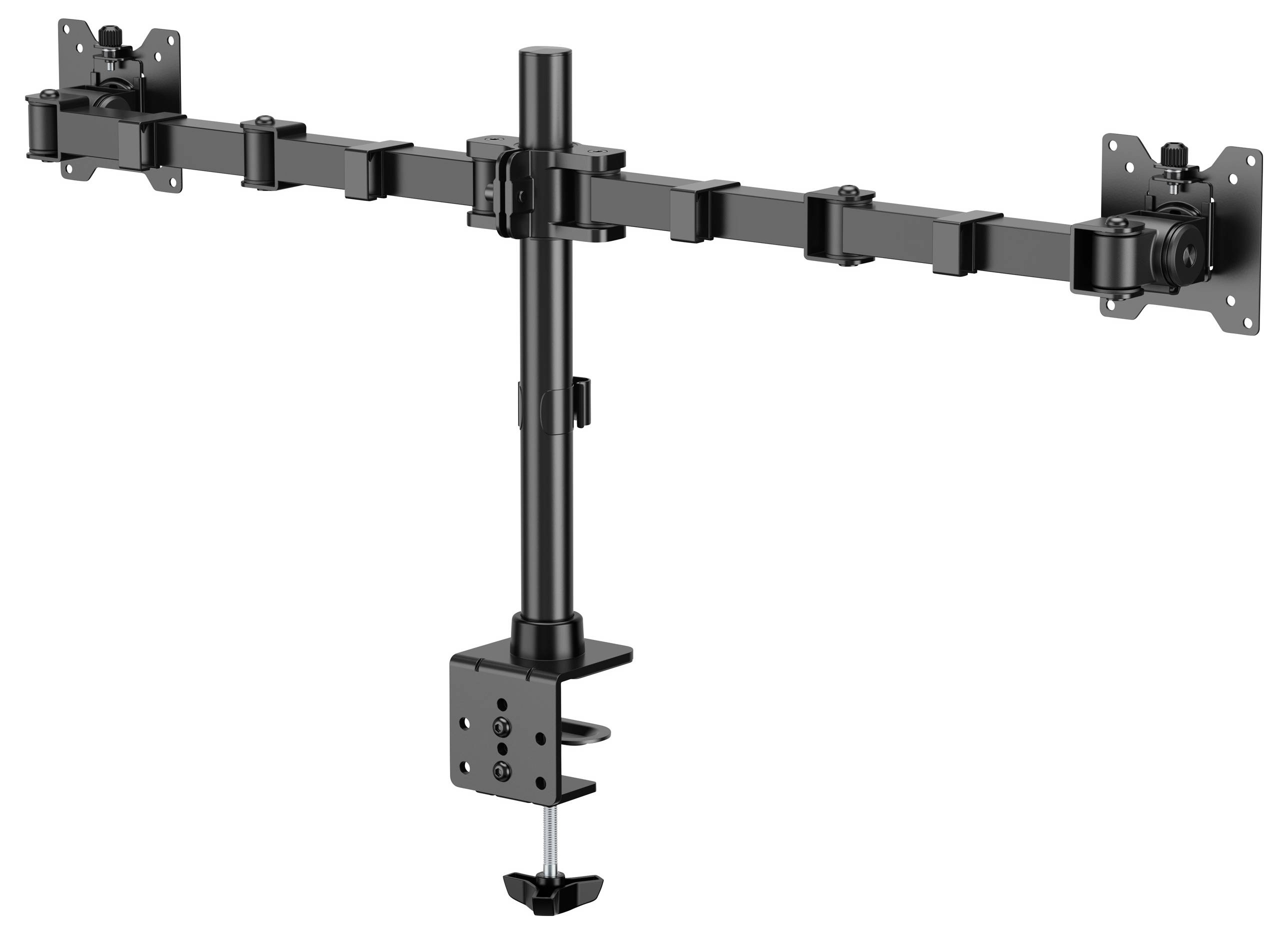 Ein dreifacher Monitorarm aus schwarzem Metall mit einer Tischklemme, geeignet zur Befestigung von drei Monitoren nebeneinander.