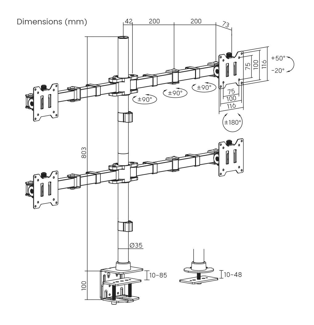 Diagramm eines verstellbaren Monitorarms mit Maßen. Zeigt Neigungswinkel von +50° bis -20° und Rotationswinkel bis ±180°.