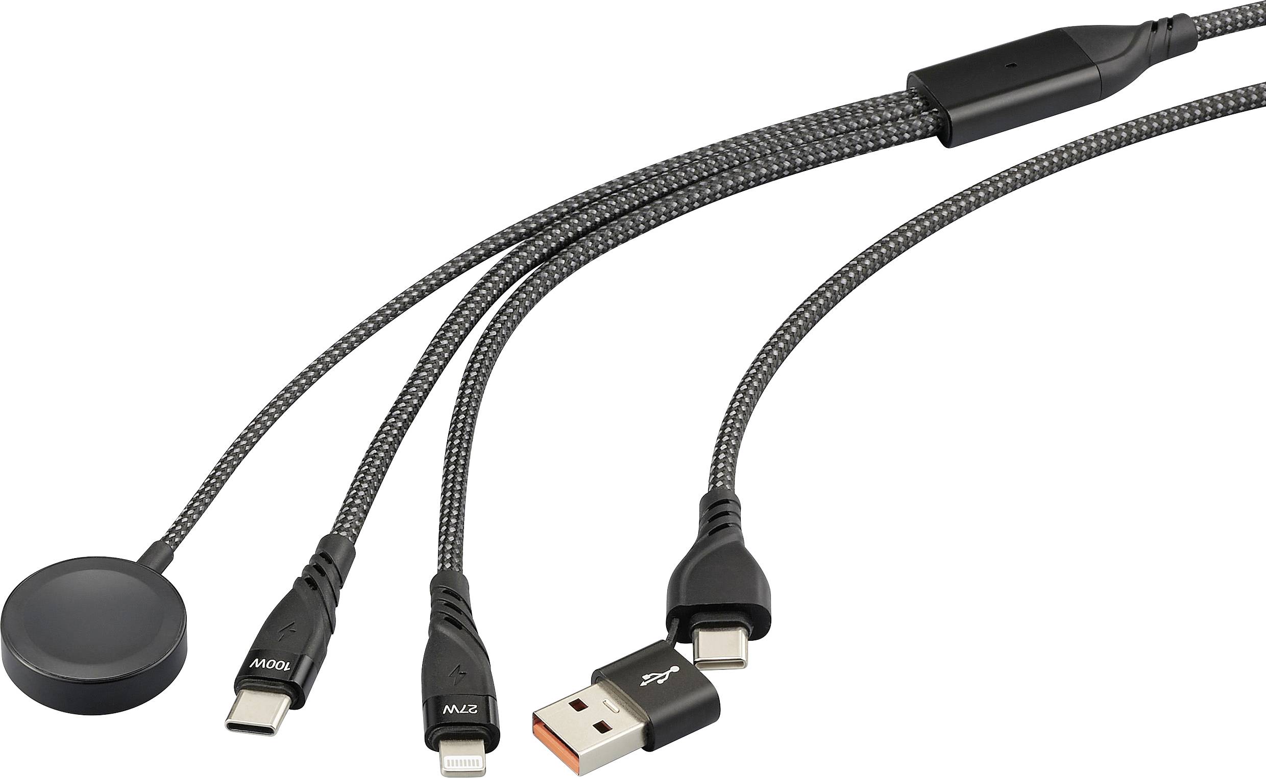 Ein Multikabel mit vier Anschlüssen: drei USB-C-Stecker und ein magnetisches Ladepad. Geeignet für verschiedene Geräte.