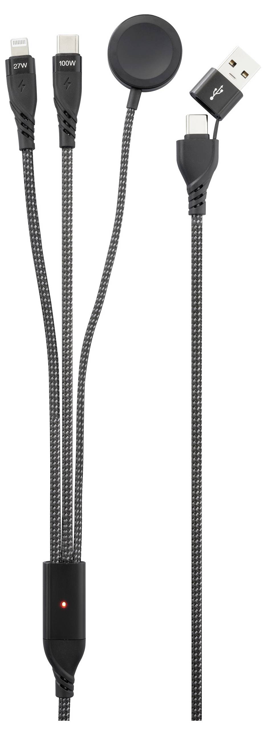 Mehrfachladekabel mit USB-Anschluss, rundem magnetischem Ladepad und drei verschiedenen Anschlüssen für vielfältige Gerätekompatibilität.