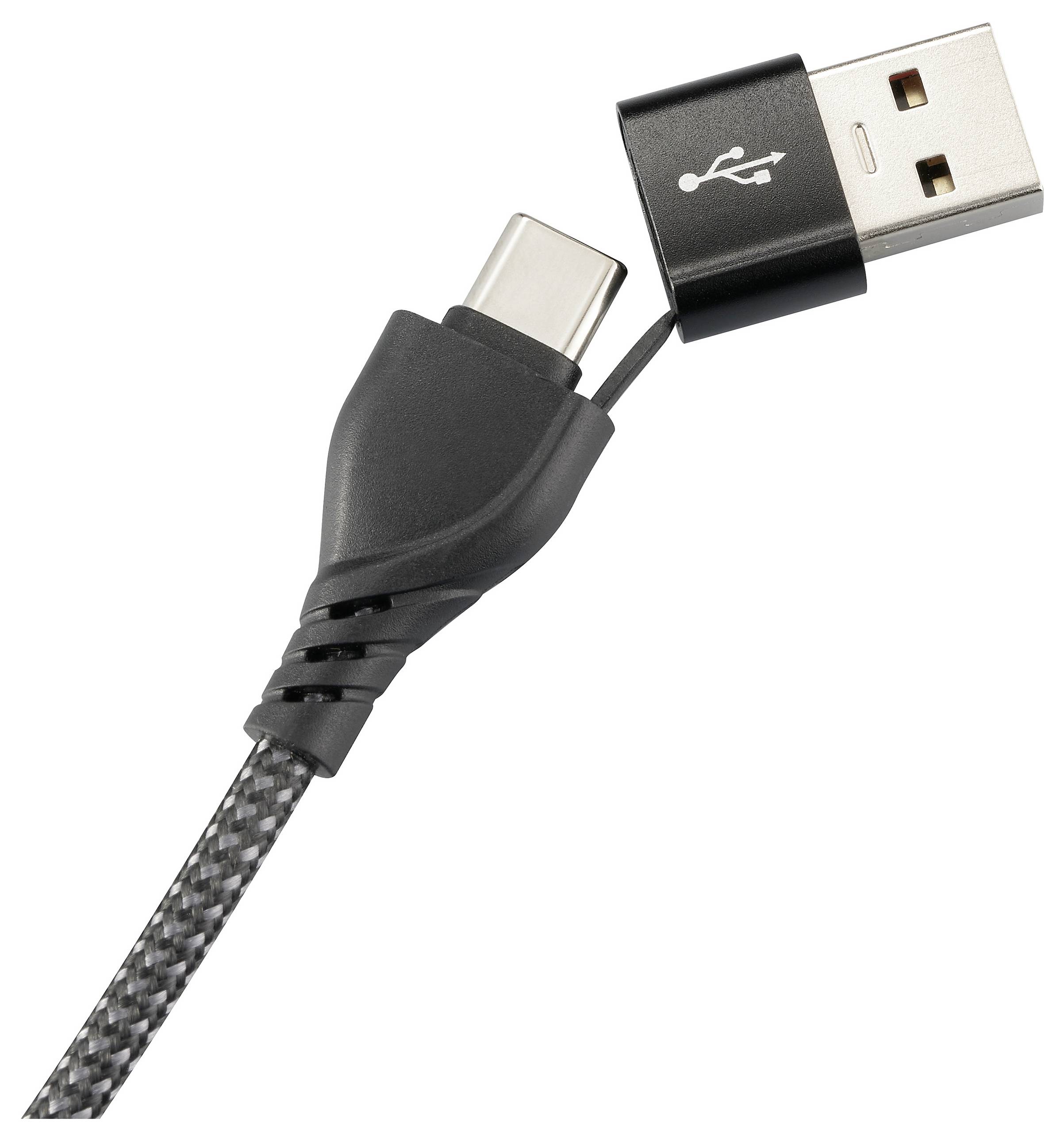 USB-Kabel mit schwarzem Adapter, zeigt einen USB-A-Stecker und einen USB-C-Stecker, verbunden durch ein geflochtenes Kabel.