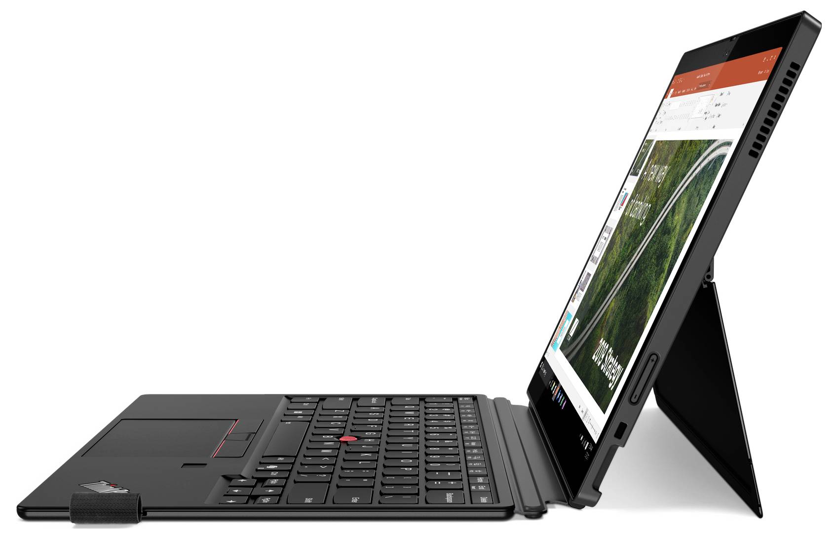 Ein schwarzes, schlankes Tablet-Laptop-Hybrid mit abnehmbarer Tastatur, Seitenansicht. Der Bildschirm zeigt eine Präsentationssoftware.