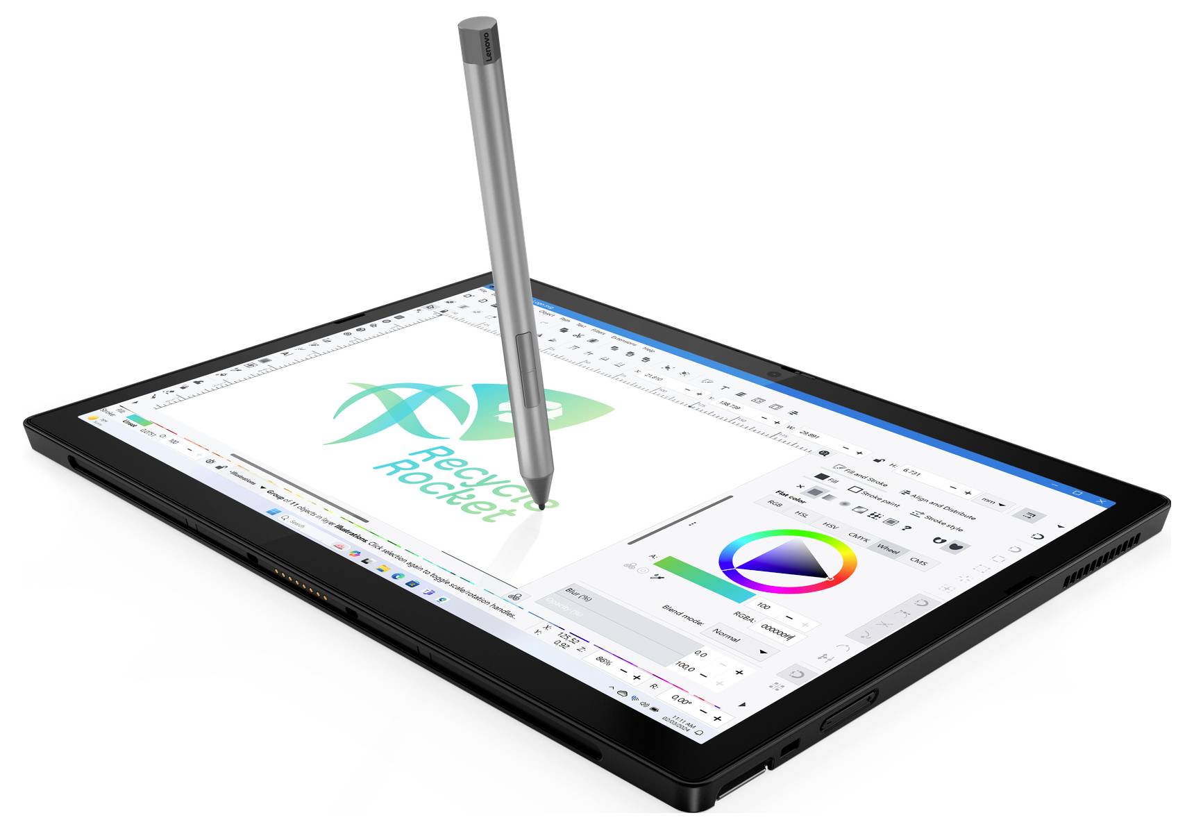 Ein Tablet liegt flach auf dem Tisch. Ein digitaler Stift berührt den Bildschirm, der eine Grafikbearbeitungssoftware mit einem Logo zeigt.