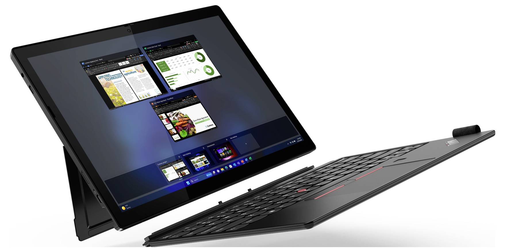 Schlanker schwarzer Laptop mit abnehmbarer Tastatur und mehreren geöffneten Fenster auf dem Bildschirm, auf einem weißen Hintergrund.