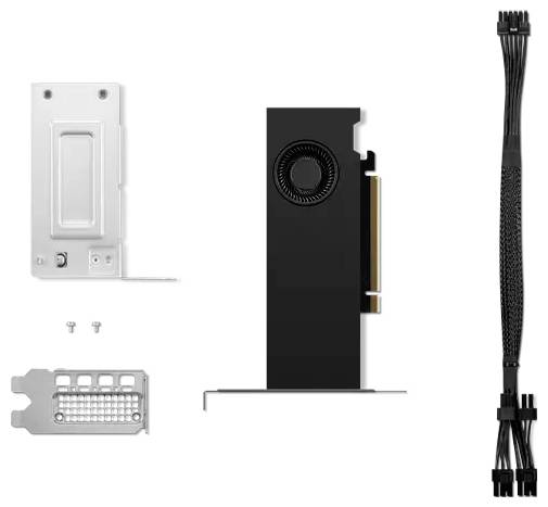 Grafikkartenhalterung mit Lüfter, Befestigungsschrauben, PCIe-Abdeckung und Stromkabel, zur Montage und Kühlung in einem Computer.