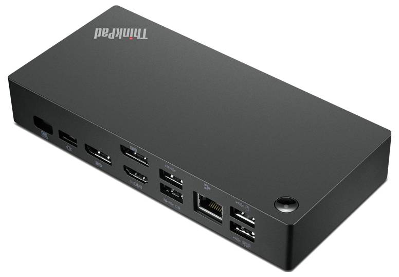 Eine schwarze ThinkPad-Dockingstation mit mehreren USB-, HDMI- und Ethernet-Anschlüssen, die zum Anschließen verschiedener Geräte an einen Laptop verwendet wird.