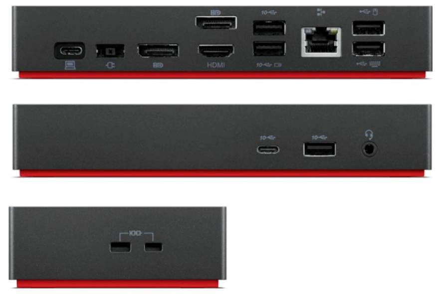 Eine schwarze elektronische Dockingstation mit mehreren Anschlüssen, darunter USB, HDMI, Ethernet und Audio, dargestellt aus drei verschiedenen Blickwinkeln.