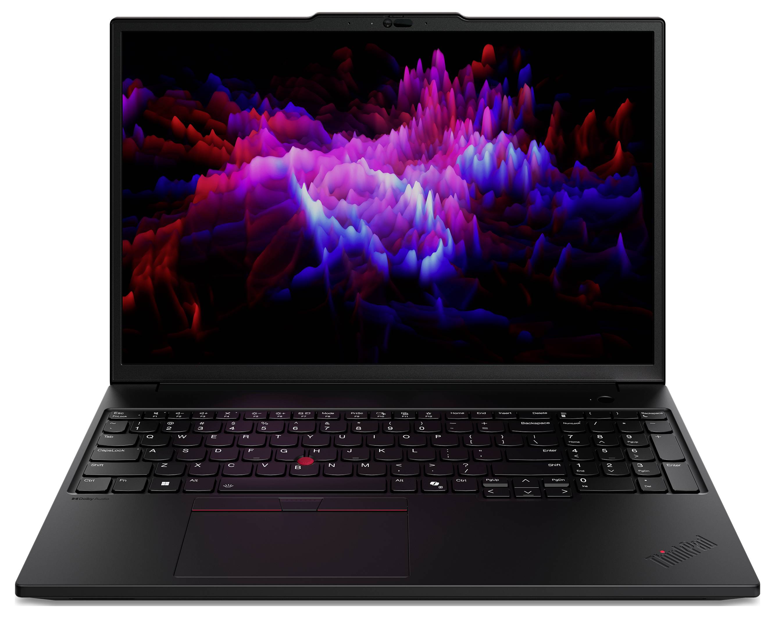 Ein Laptop mit beleuchtetem Bildschirm zeigt abstrakte, bunte Formen. Tastatur und Touchpad sind sichtbar.