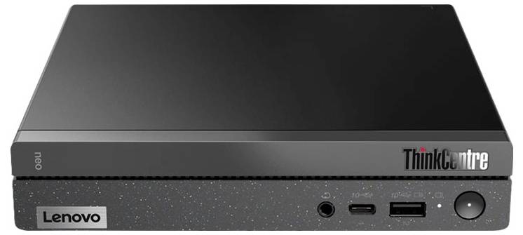 Ein Lenovo ThinkCentre Neo Mini-PC in Schwarz, mit USB- und Audiobuchsen an der Vorderseite, auf einem Schreibtisch platziert.