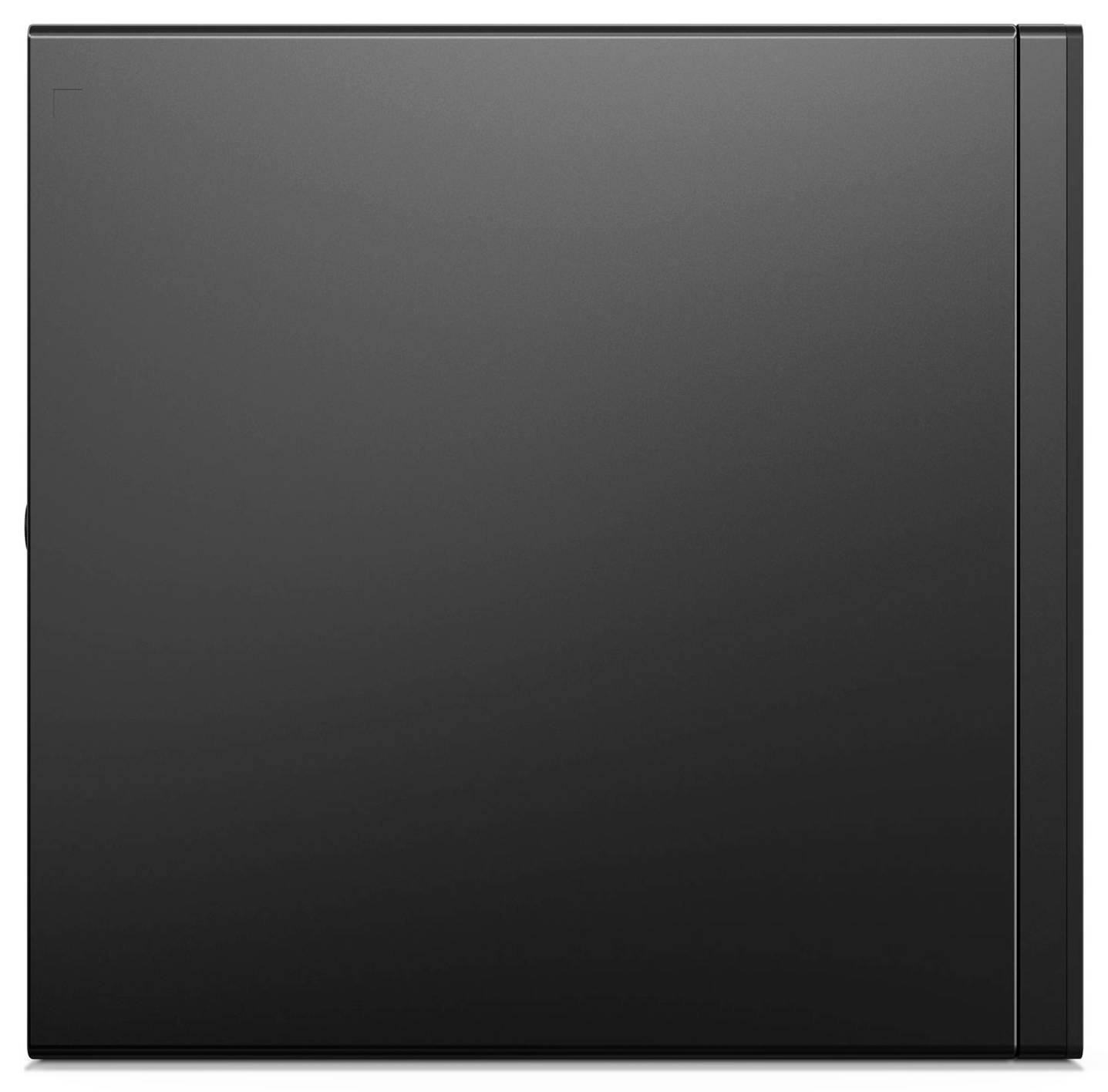 Ein schwarzer, quadratischer Computergehäuse mit einem minimalistischen Design, zeigt weder Marken noch andere sichtbare Details.