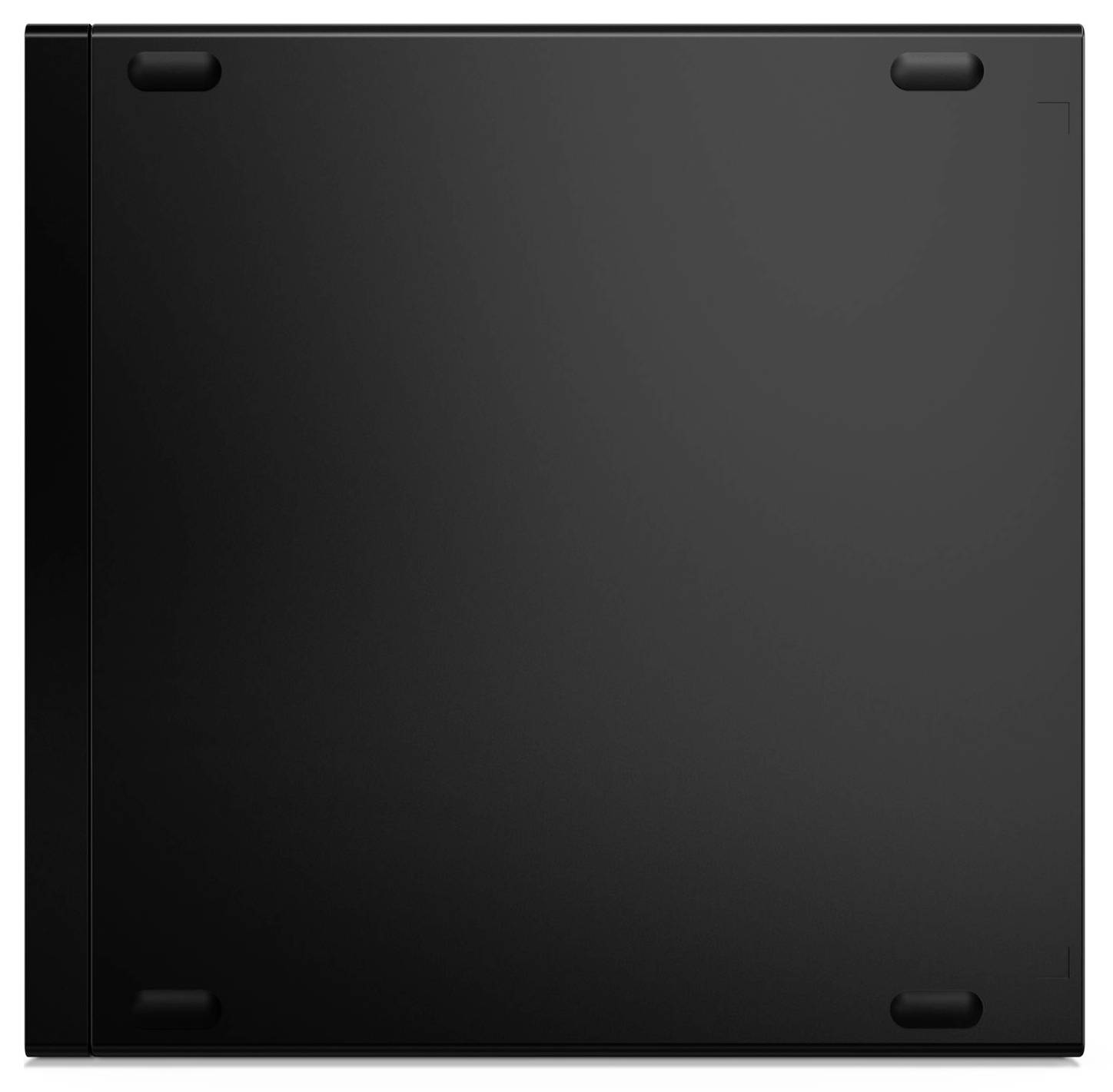 Sicht von unten auf ein schwarzes Laptop, sichtbar sind vier Gummifüße an den Ecken für Stabilität.