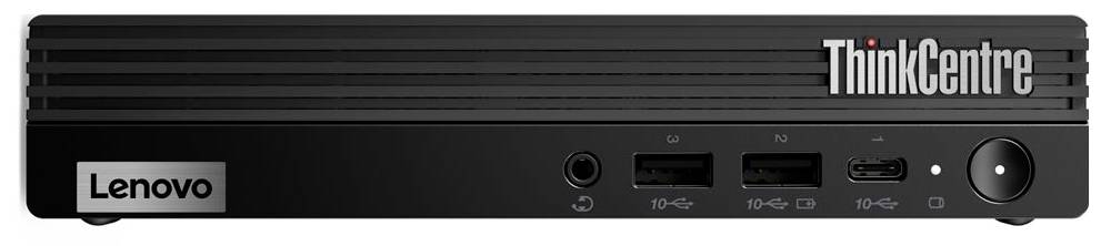 Ein Lenovo ThinkCentre Mini-Desktop-PC, schwarz, mit zwei USB-Anschlüssen, Kopfhörerbuchse und Einschaltknopf vorne.