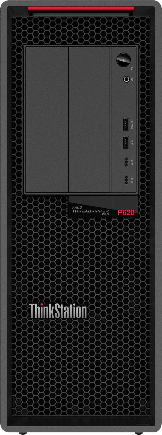Lenovo ThinkStation P620 Tower-PC von vorne, mit Lüftungsgitter, Einschalttaste, USB-Anschlüssen und Markenlogo.