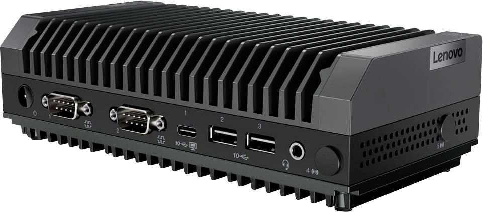 Ein kleiner schwarzer Industrie-PC mit Markenlogo, mehreren Anschlussports und Kühlrippen, geeignet für robuste Umgebungen.