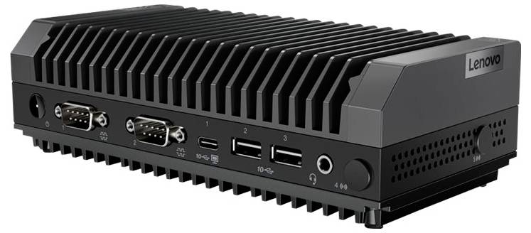 Ein schwarzer, kompakter Mini-PC mit markanten Kühlrippen. Vorderseite zeigt mehrere Anschlüsse, darunter USB- und HDMI-Ports.