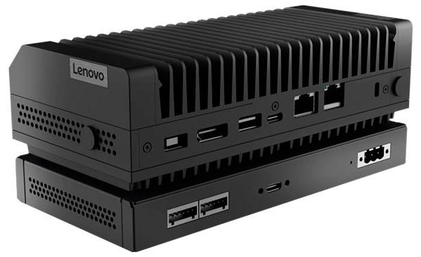 Schwarzer Lenovo-Computer mit mehreren Anschlüssen, einschließlich HDMI, USB und Ethernet. Kompaktes Design mit gerippter Oberfläche.