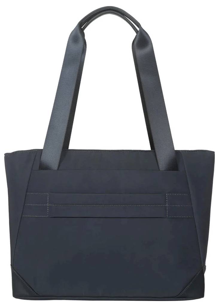 Dunkelblaue, quadratische Tasche mit breiten, stabilen Trägern. Schlichtes Design, geeignet für Büro oder Freizeit.