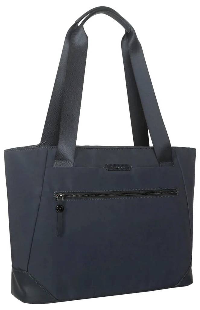 Eine dunkelblaue Tragetasche mit Reißverschluss vorne und zwei langen Henkeln. Sie wirkt geräumig und elegant.