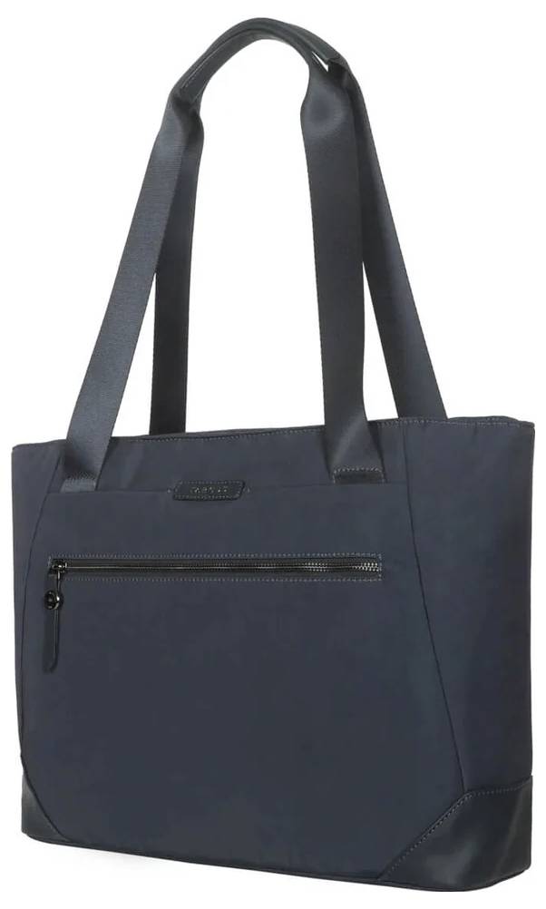 Dunkelblaue Tragetasche mit schwarzen Griffen und Reißverschlusstasche vorne, geeignet für den täglichen Gebrauch.