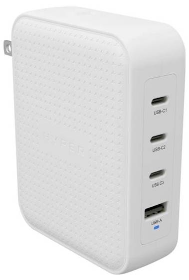 Weißes USB-Ladegerät mit vier Anschlüssen: drei USB-C und ein USB-A. Geeignet für gleichzeitiges Aufladen mehrerer Geräte.