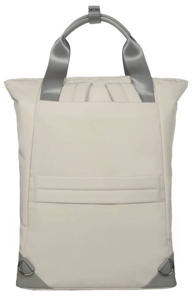 Beiger Rucksack mit grauen Trägern und schlichter Fronttasche. Praktisches Design für Alltag oder Reisen, modern und funktional.