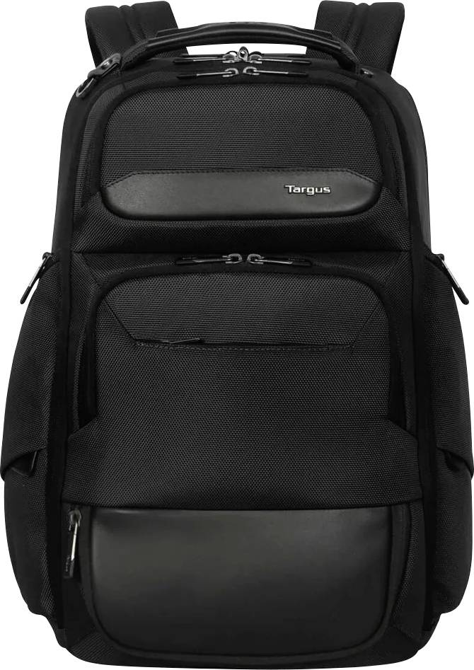 Ein schwarzer Rucksack mit mehreren Fächern und Reißverschlüssen. Oben steht eine Markenaufschrift. Ideal für Schule oder Arbeit.
