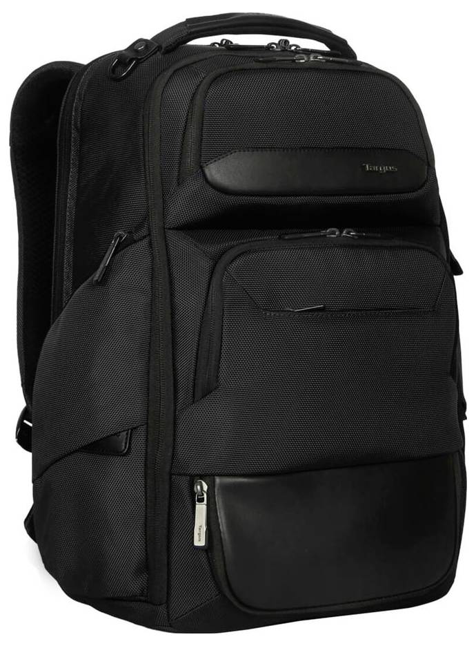 Ein großer, schwarzer Rucksack mit mehreren Reißverschlussfächern und ergonomischen Schulterriemen, geeignet für Reisen oder den Alltag.