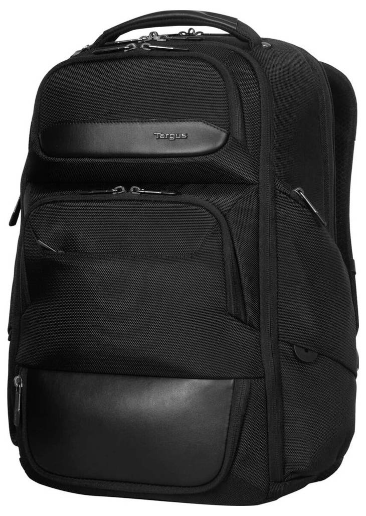 Schwarzer Rucksack mit mehreren Fächern und silbernen Reißverschlüssen, geeignet für Laptops und persönlichen Alltagsgebrauch.