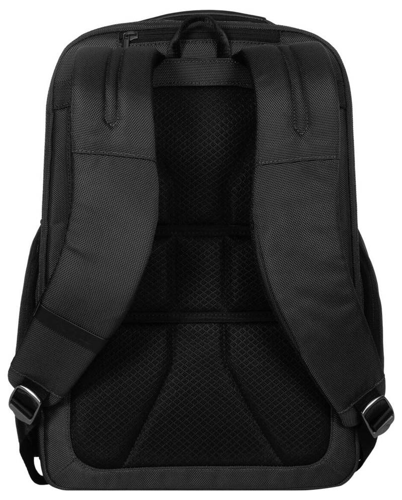 Schwarzer Rucksack von hinten mit gepolsterten, verstellbaren Schultergurten und gepolstertem Rücken für Komfort.