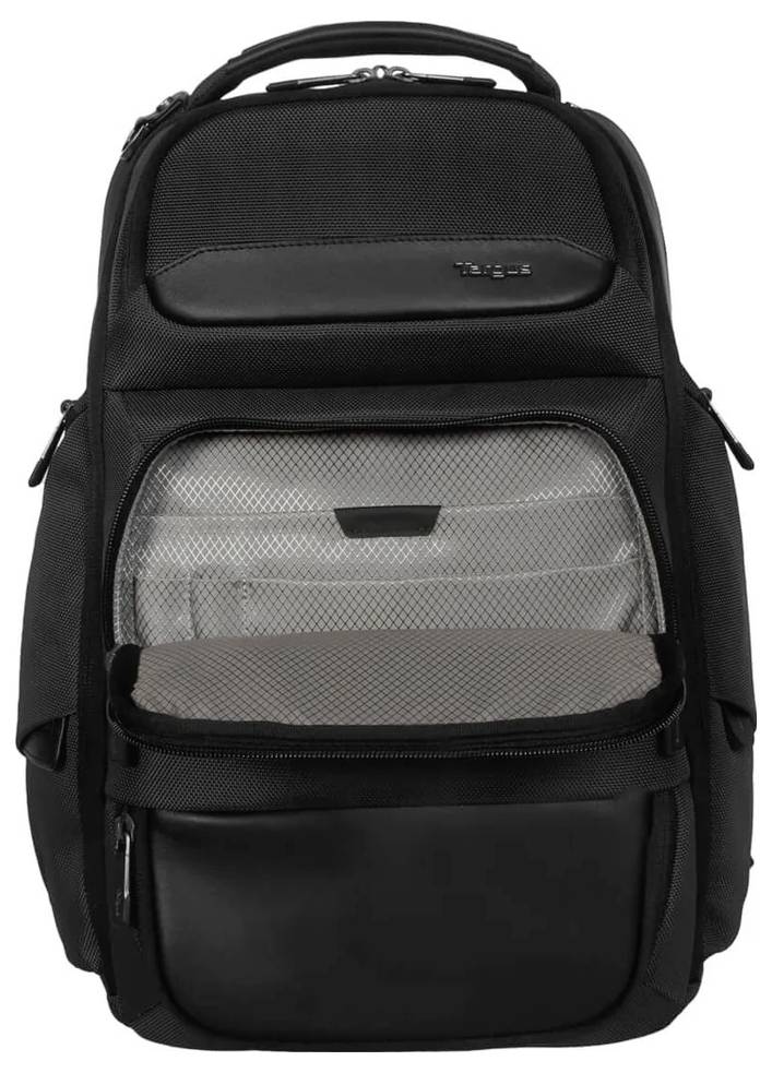 Ein schwarzer Rucksack mit mehreren Fächern, inklusive eines vorderen Netzteils, geeignet für den Transport von Laptopzubehör.