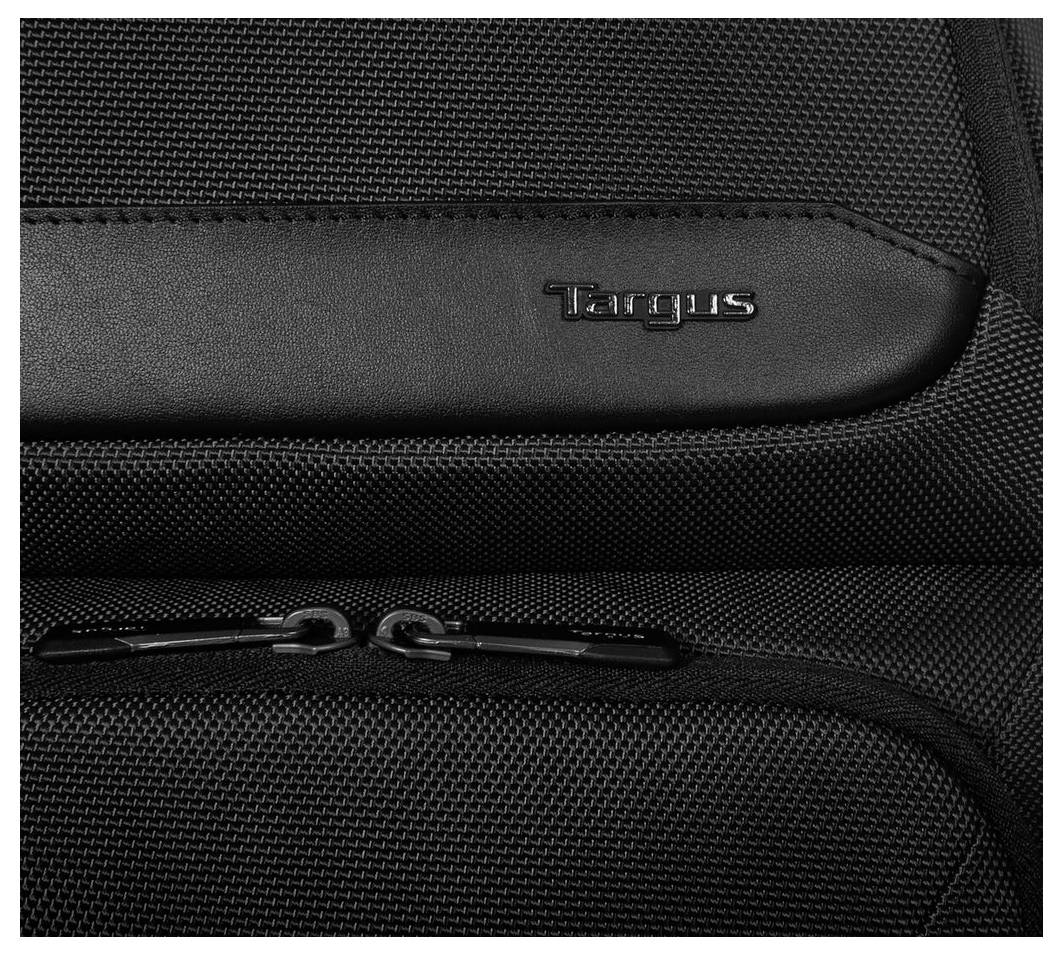 Schwarzer Targus-Rucksack mit Reißverschluss und Logo oben, zeigt robuste Textur und Nähte.