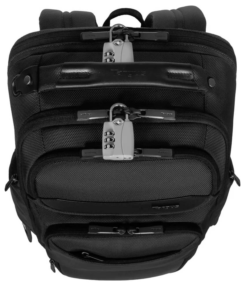 Schwarzer Rucksack mit mehreren Reißverschlusstaschen und Metallverschlüssen.