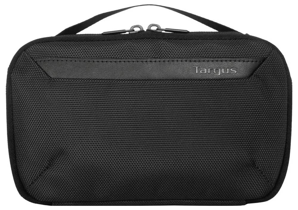 Schwarze Targus-Tasche mit doppeltem Reißverschluss und Tragegriff oben, geeignet für elektronische Geräte oder Zubehör.