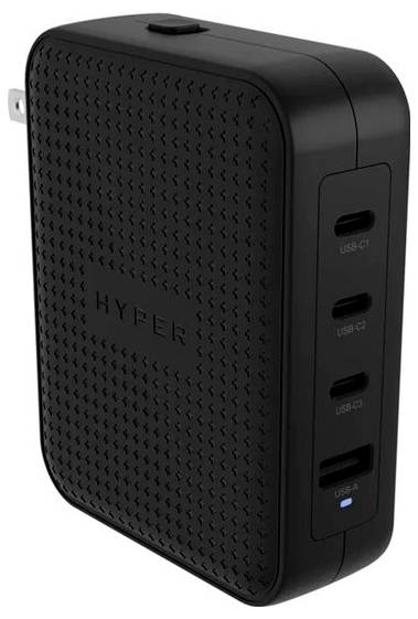 Schwarzes Ladegerät mit vier USB-C-Anschlüssen, eine USB-A-Buchse, und einer strukturierten Oberfläche mit eingeprägtem 'HYPER' Logo.