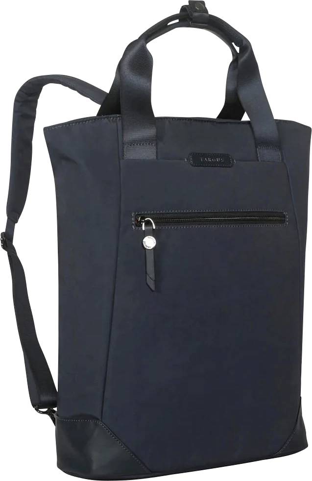 Ein schwarzer, moderner Rucksack mit Tragegriffen, einer Fronttasche mit Reißverschluss und verstellbaren Schultergurten.