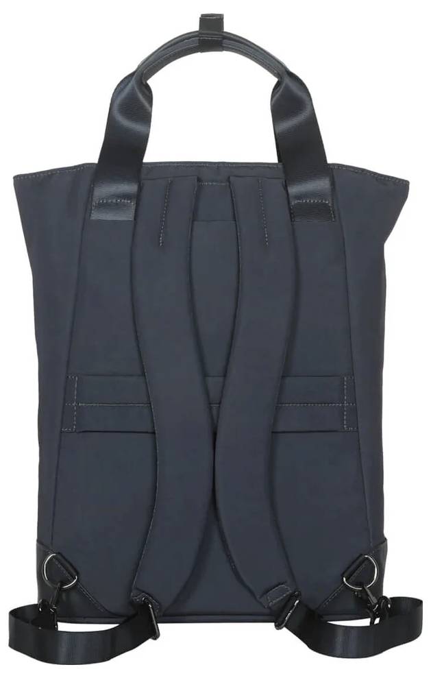 Ein dunkelblauer Rucksack aus Stoff mit zwei Trägern und einer oberen Griffschlaufe, detaillierte Nahtverarbeitung sichtbar.