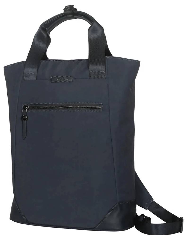 Eine dunkelblaue Tasche mit Reißverschlusstasche vorne und zwei Tragegriffen.