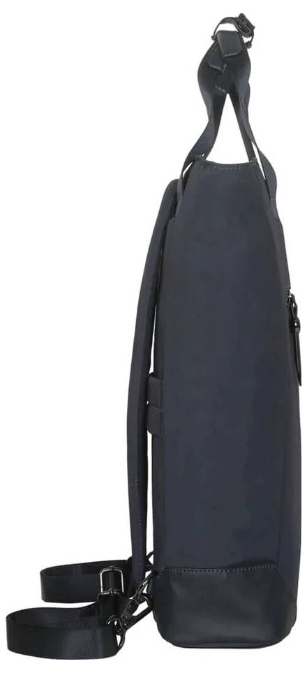 Schwarze Umhängetasche aus Leder, seitlich betrachtet, mit verstellbarem Schultergurt und Reißverschlussfach.