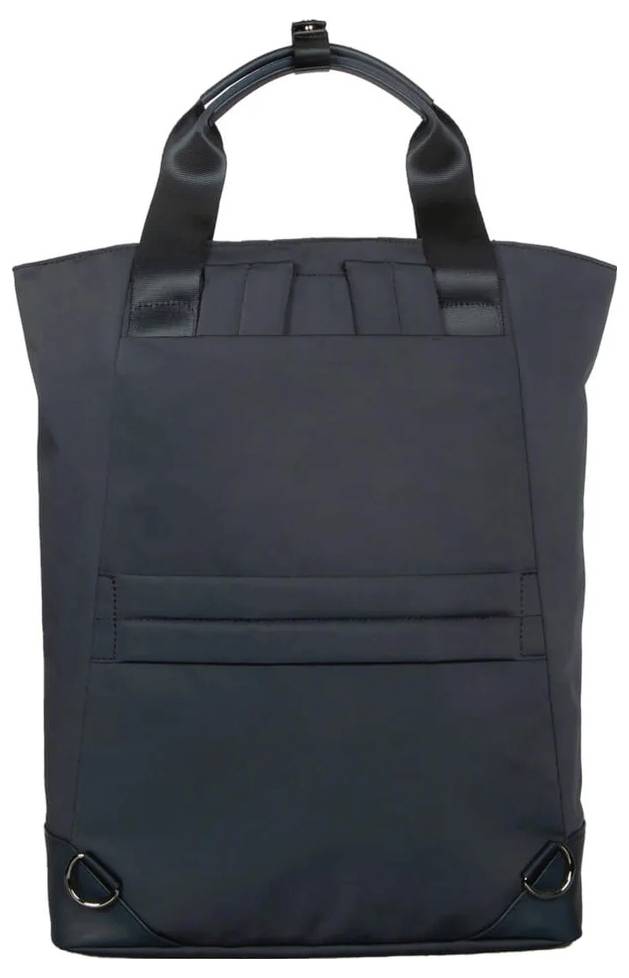 Ein schwarzer, rechteckiger Rucksack mit zwei kurzen Griffen oben. Er hat ein schlichtes Design ohne sichtbare Logos oder Muster.