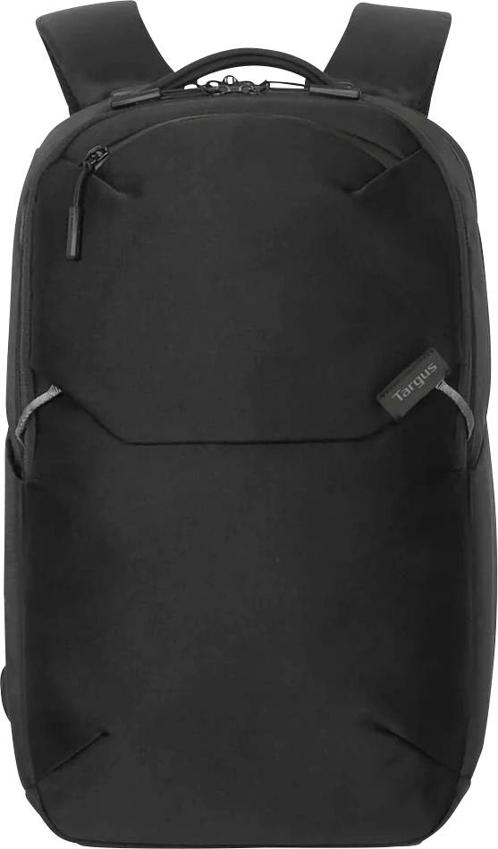 Schwarzer Rucksack mit schmalem Design, zwei Schulterträgern und mehreren Reißverschlüssen, geeignet für Laptops und Alltagsgebrauch.