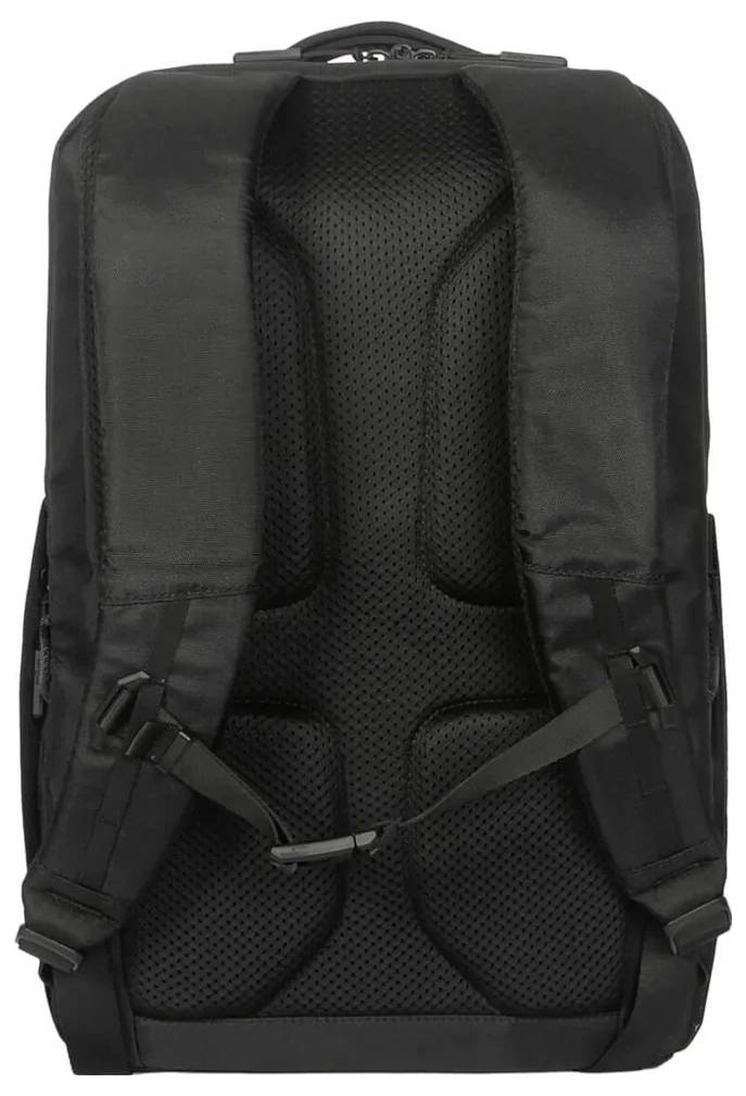 Schwarzer Rucksack-Rückseite mit gepolsterten, verstellbaren Gurten und atmungsaktivem Mesh-Material für bequemen Tragekomfort.