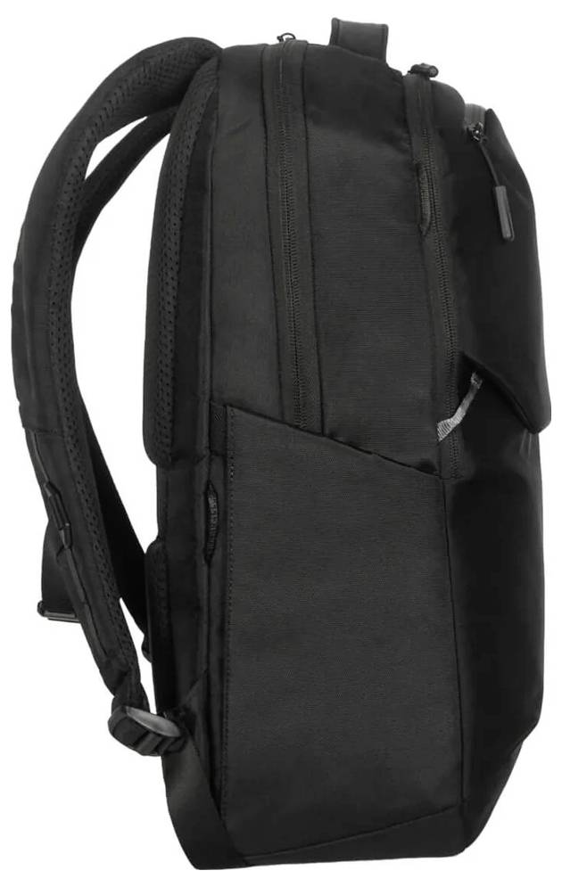 Schwarzer Rucksack im seitlichen Profil mit mehreren Reißverschlusstaschen und verstellbaren Schultergurten.