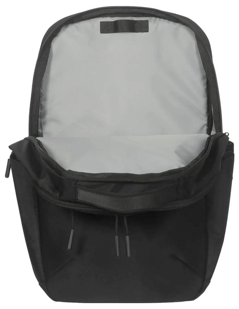 Schwarzer Rucksack, geöffnet, mit grauem Innenfutter und Reißverschlüssen. Ideal für Schule, Arbeit oder Reisen.