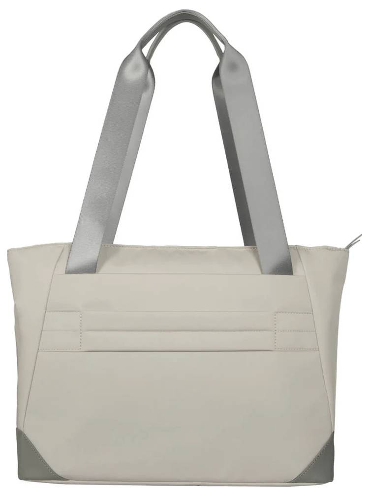 Eine beige-graue Handtasche mit langen Griffen, schlichtes Design ohne Dekoration.