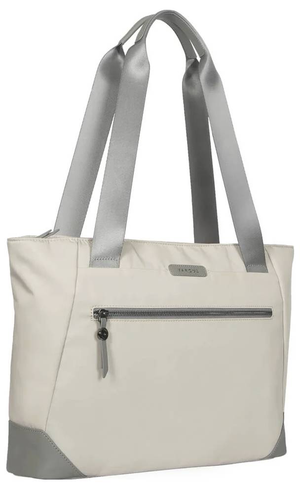 Beige Handtasche mit grauen Henkeln und Reißverschlussfach vorne, geeignet für Alltag oder Beruf.