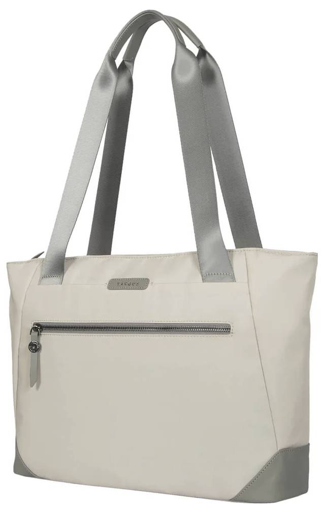 Beige Handtasche mit grauen Trägern, Frontreißverschluss und glattem Design. Ideal für den täglichen Gebrauch.